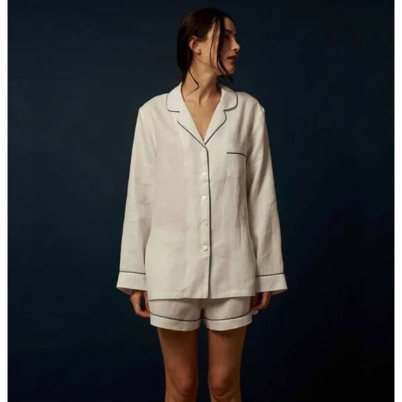 PIGLET WHITE LINEN PAJAMA SHORT SET Size Large casual sleepwear comfort